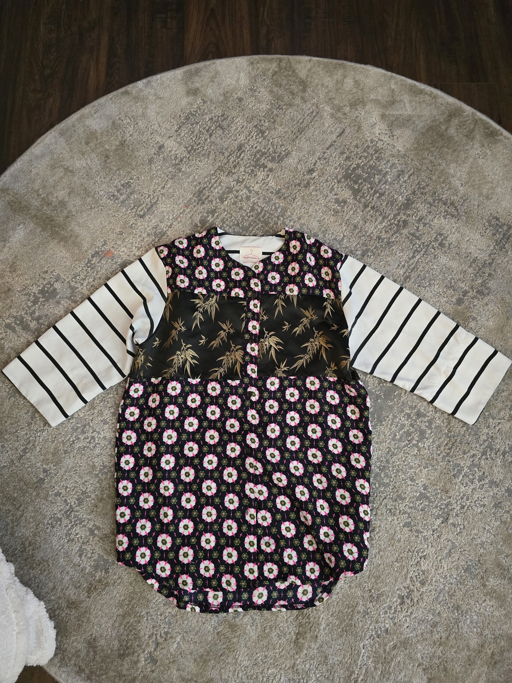 Native Rose Black Floral & Striped Button-Front Mixed-Print Top
